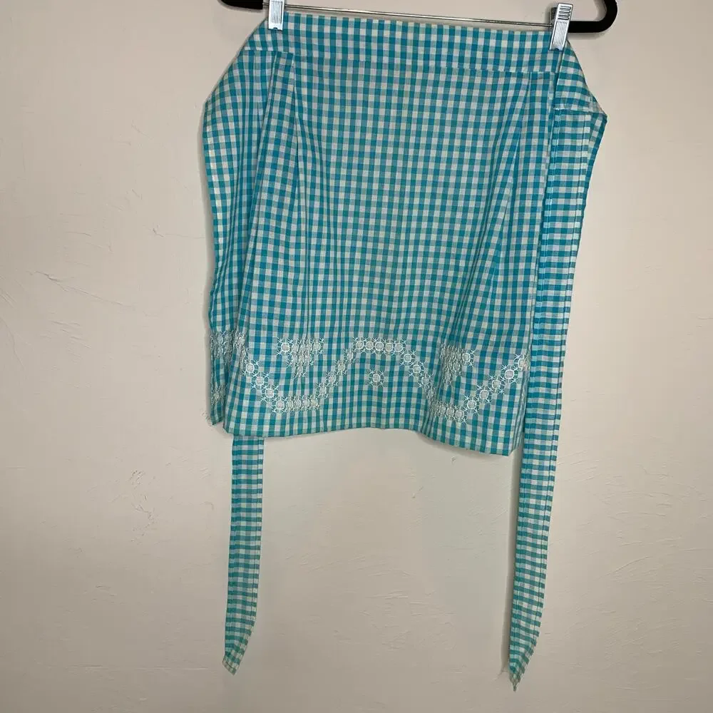 Vintage Turquoise Gingham Half Apron Hand Embroidered OSFM